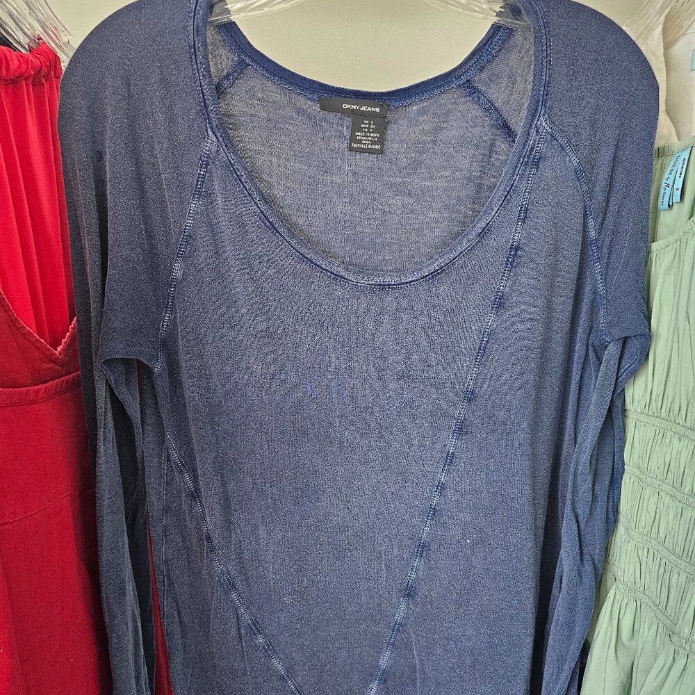 DKNYJeans Distressed Heather Blue Long Sleeve Bodycon Knit Top